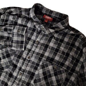 Arizona Jean Co Mens Black Gray Plaid Flannel Button Up Shirt XL